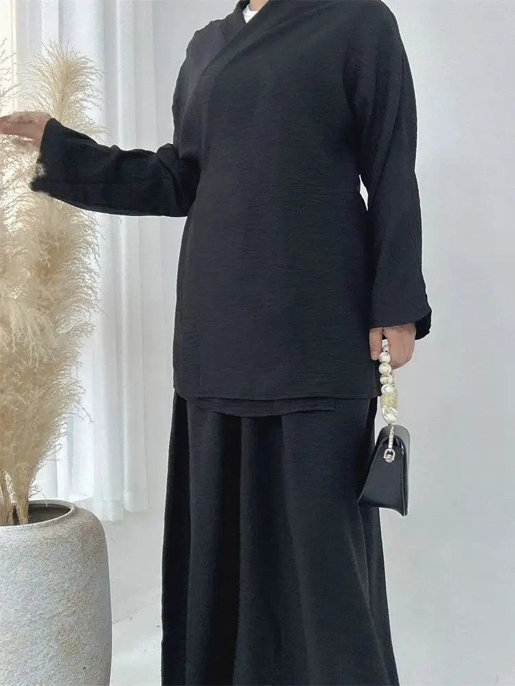 Ensemble Abaya Croisé - Noir - Élégance et Raffinement ✨