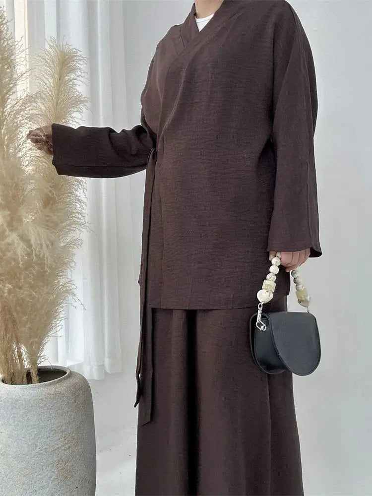 Ensemble Abaya Croisé - Café - Élégance et Raffinement ✨