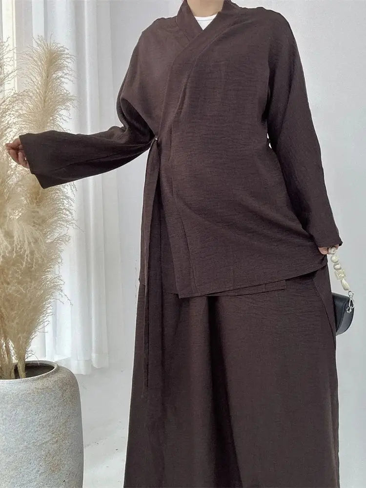 Ensemble Abaya Croisé - Café - Élégance et Raffinement ✨
