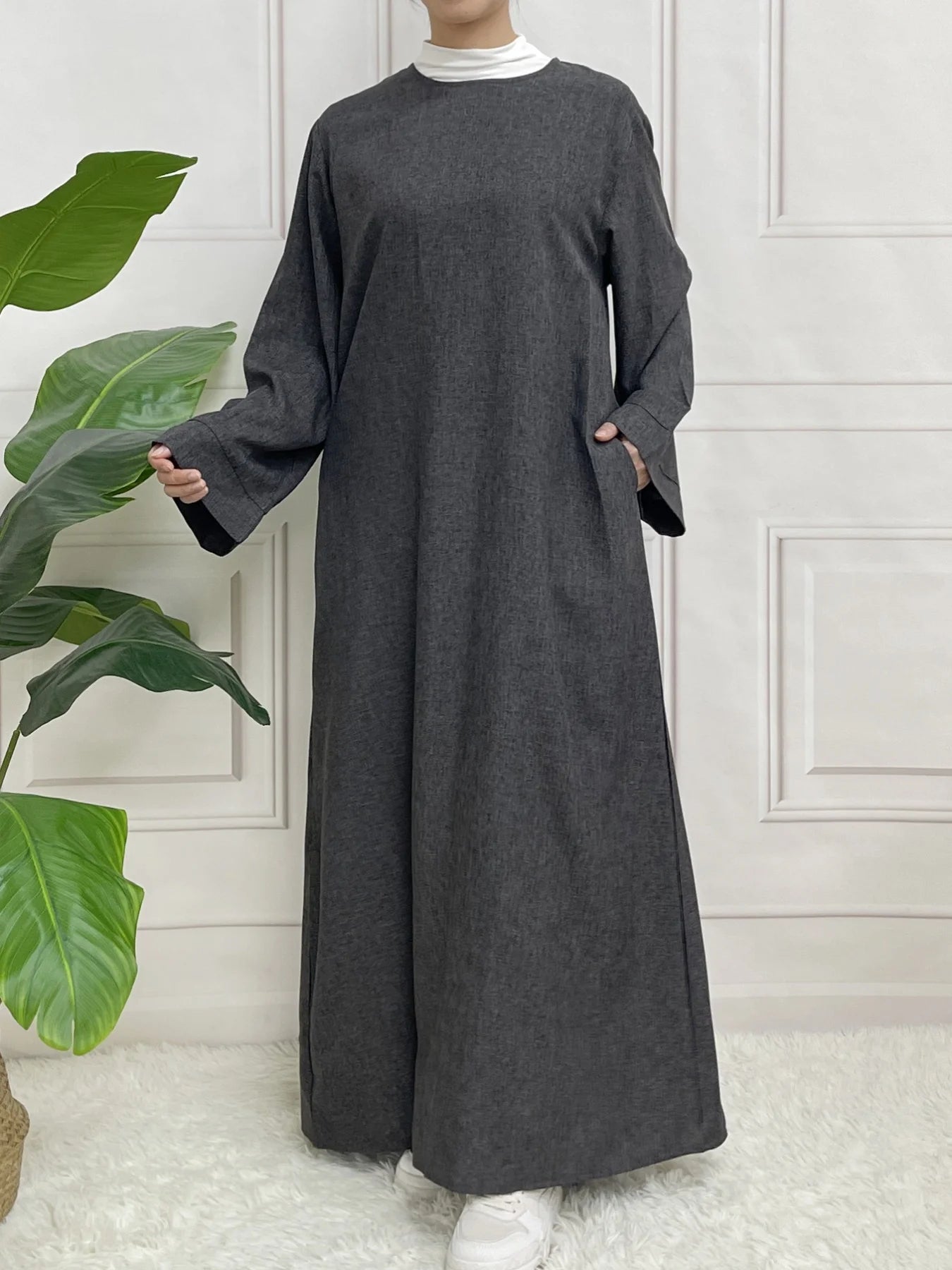 Robe Abaya Grise avec ceinture