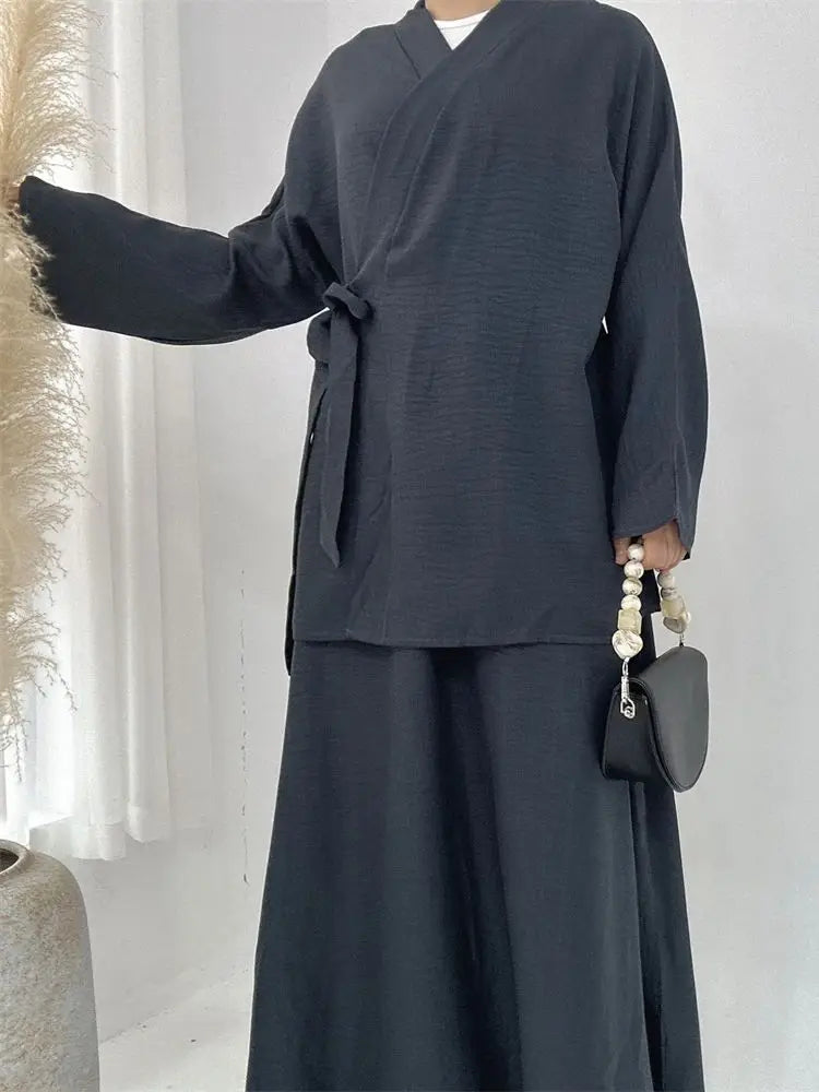 Ensemble Abaya Croisé - Gris Foncé -  Élégance et Raffinement ✨