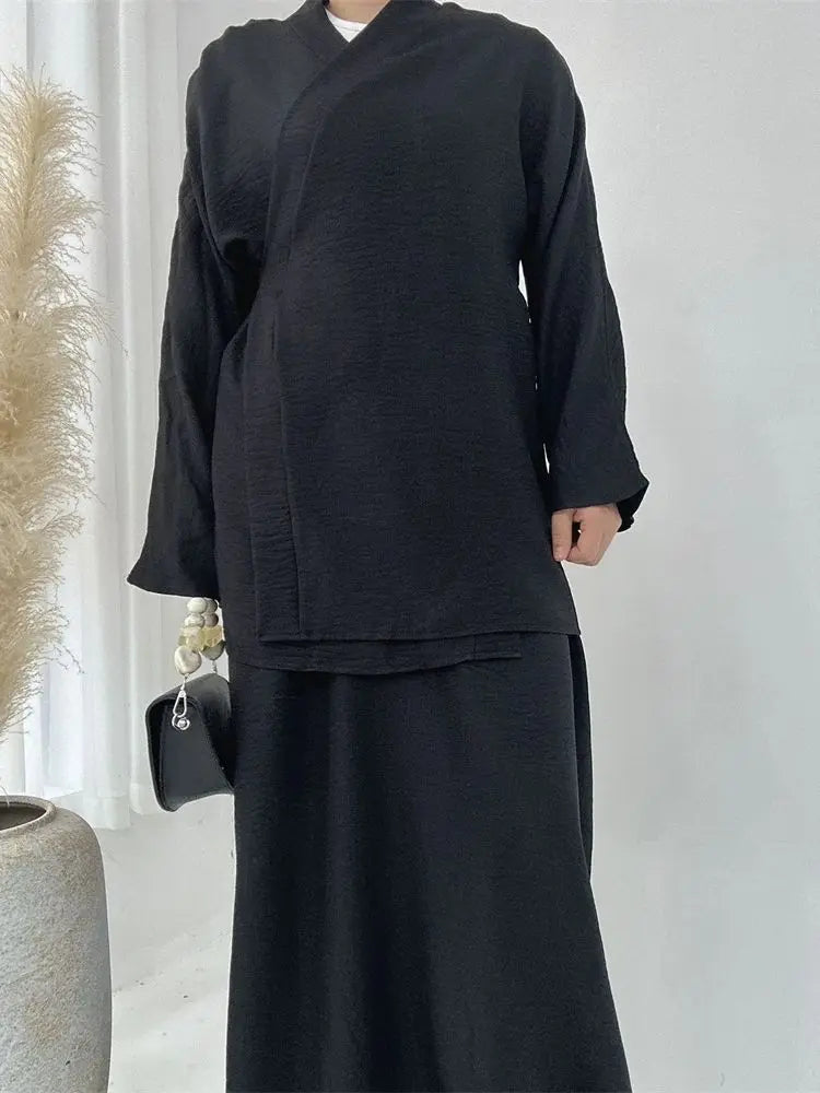 Ensemble Abaya Croisé - Noir -  Élégance et Raffinement ✨