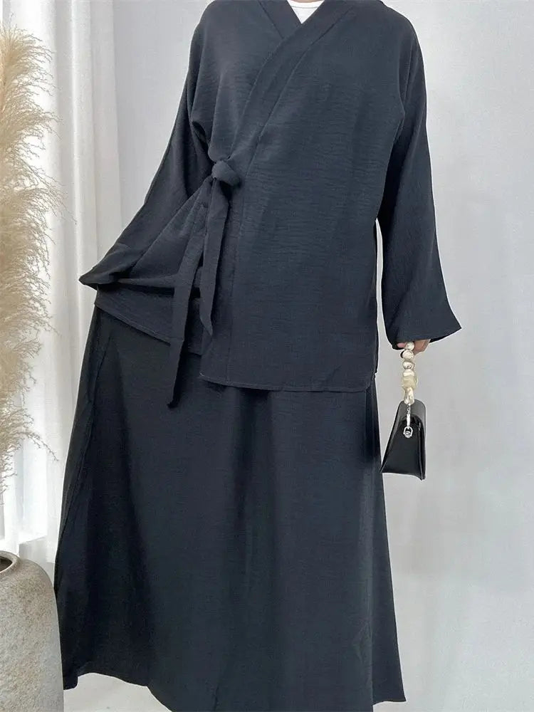 Ensemble Abaya Croisé - Gris Foncé -  Élégance et Raffinement ✨