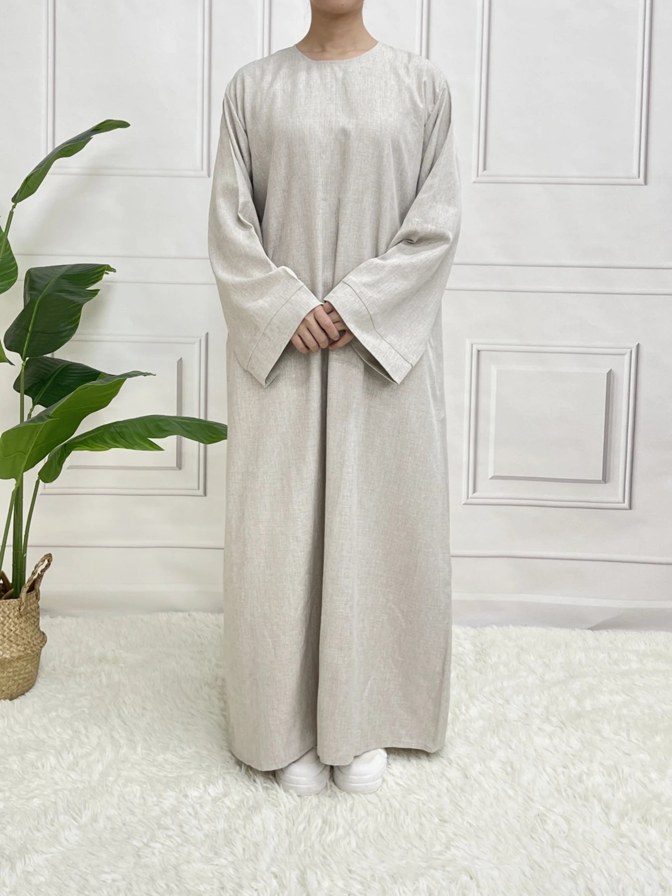 Robe Abaya Blanche Abricot avec ceinture
