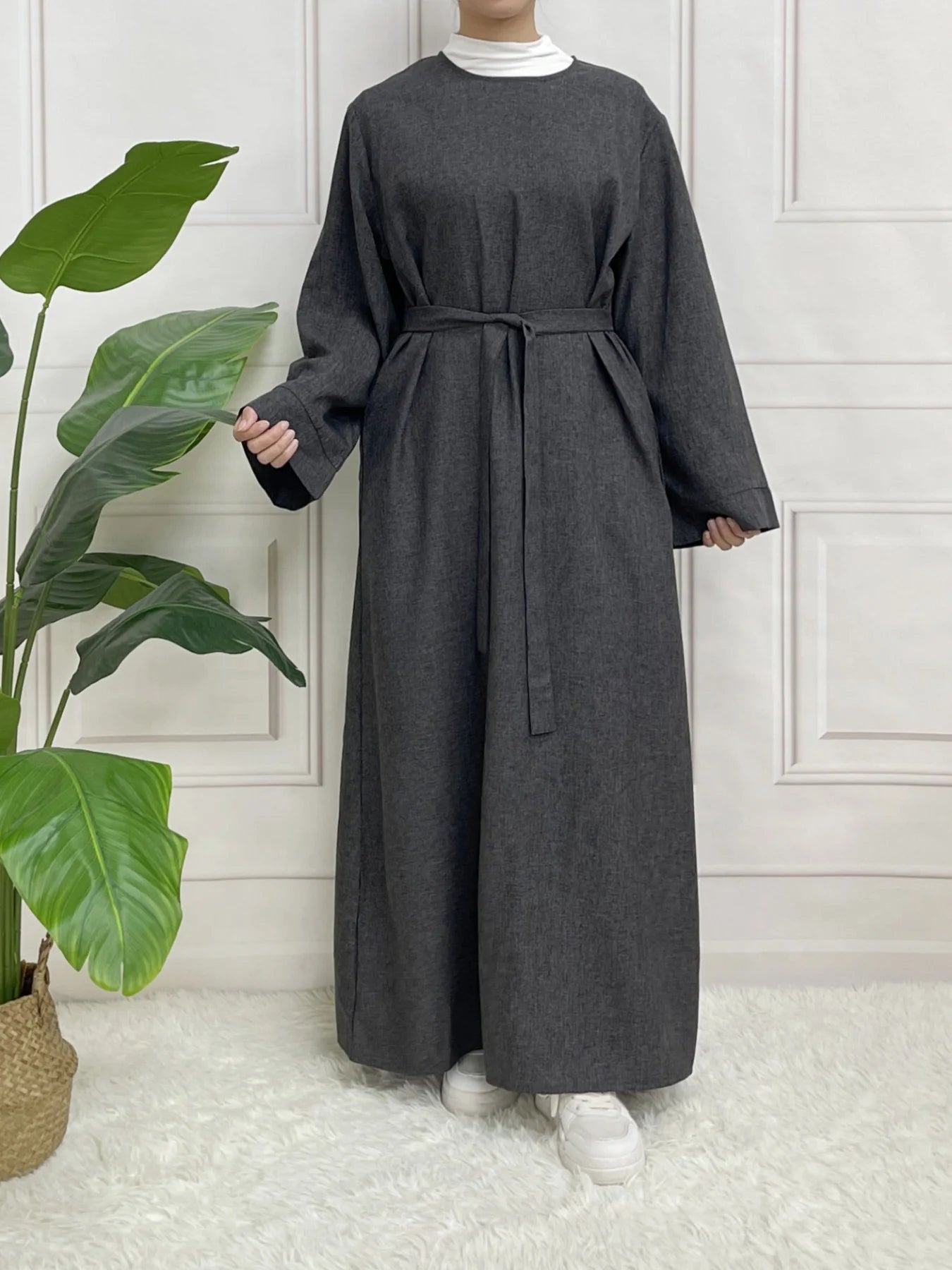 Robe Abaya Grise avec ceinture